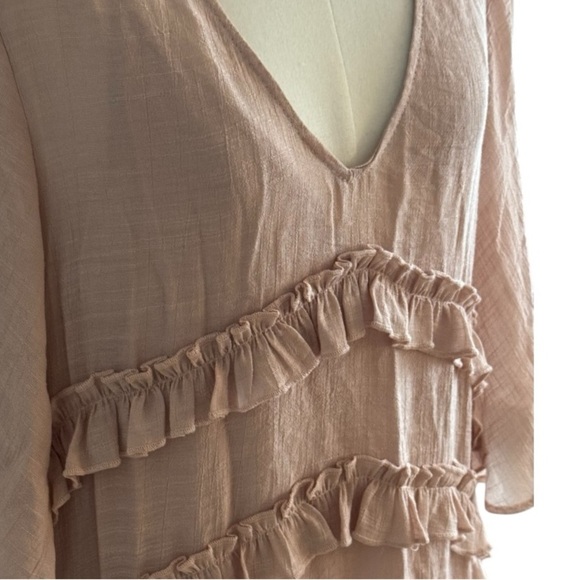 FLAWLESS‎ Bell Sleeve Tiered Ruffle Mini Dress Mauve Pink Sz L Boho Casual Party - Picture 6 of 11